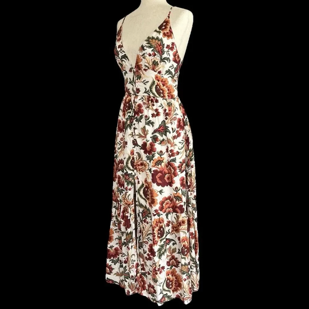 Abercrombie & Fitch Floral Linen Dress SP Buttons Plunge Neck Smocked Boho Maxi